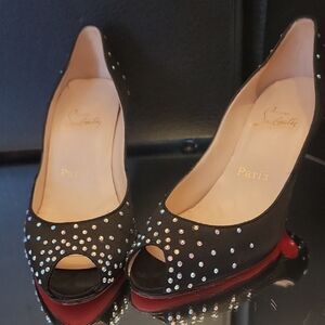 Christian Louboutin Black Satin and  Rinstone, Peep-Toe Heels. 3in Heel Sz38